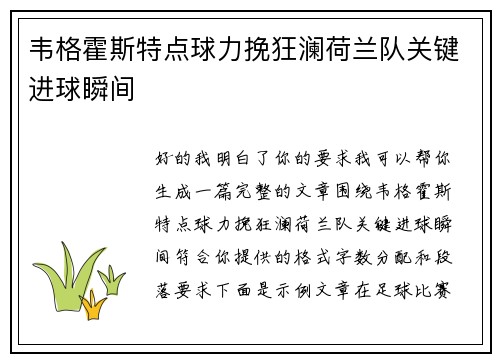 韦格霍斯特点球力挽狂澜荷兰队关键进球瞬间 韦格霍斯特点球力挽狂澜荷兰队关键进球瞬间